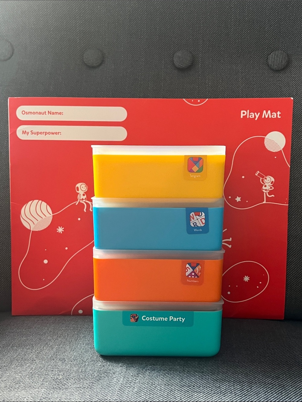 Osmo Words, Numbers, Tangram, Costume Party Tiles with Play Mat for iPad